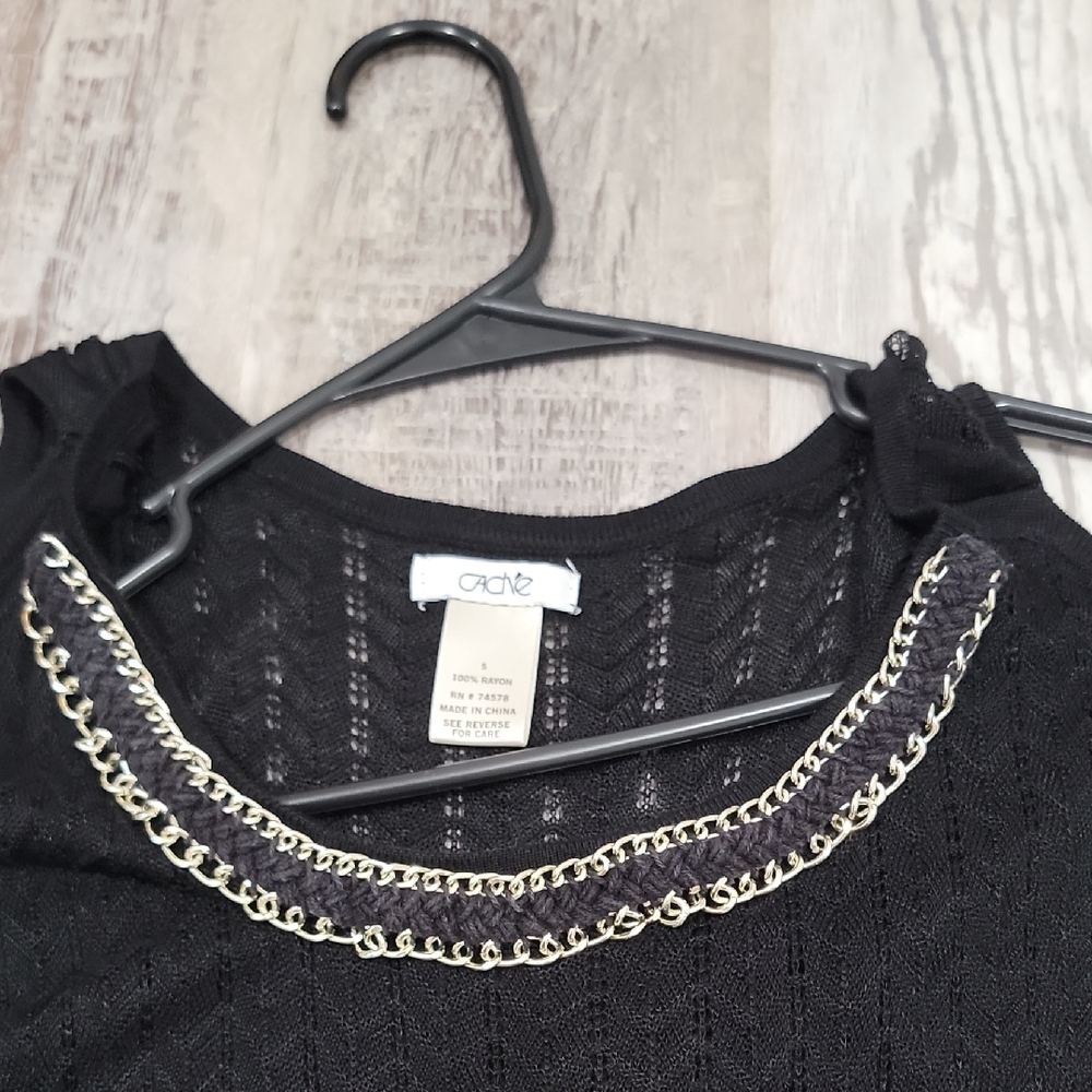 Cache Black Top with Gold Chain Accent